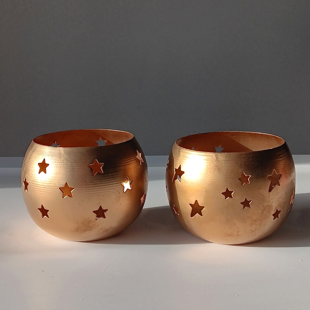 Vintage Votive Candle Holders Antique Gold Star Cutouts Bowl Holiday Set of 2